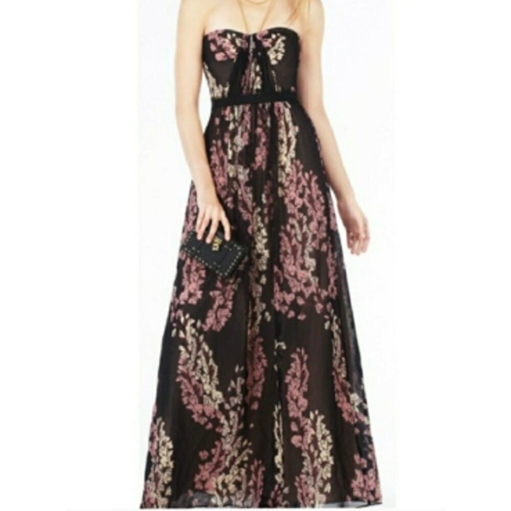 BCBGMAXAZRIA Amber strapless floral print sheer contrast gown. size 8